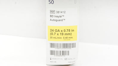 BD 381412 Insyte Autoguard Shielded IV Cath. 24Ga x 0.75inch 20mL/min- Box of 35